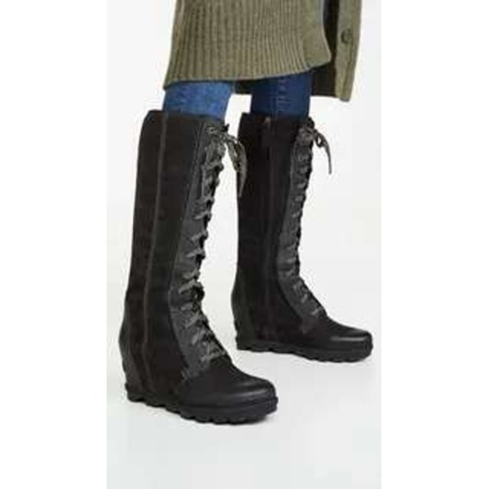 Sorel Joan of Arctic Wedge II Tall Boots 7.5 Black Suede Lace Up Zip Waterproof